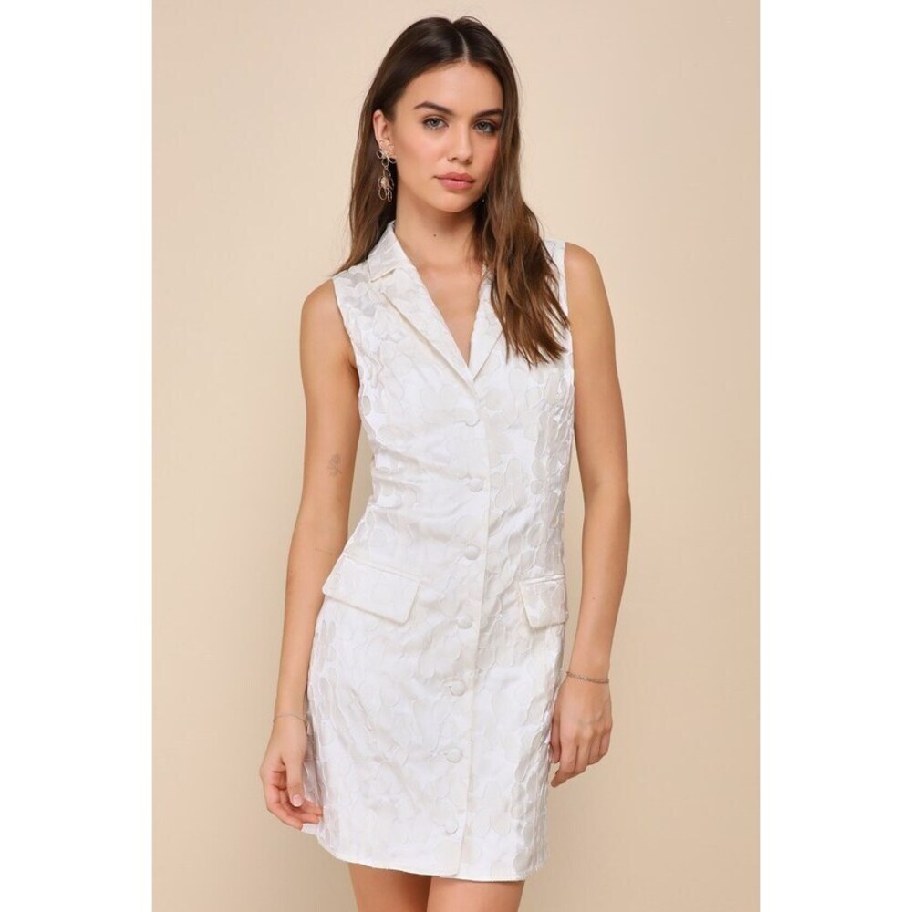 Lulus Confidently Adorable Ivory Floral Jacquard Blazer Mini Dress White